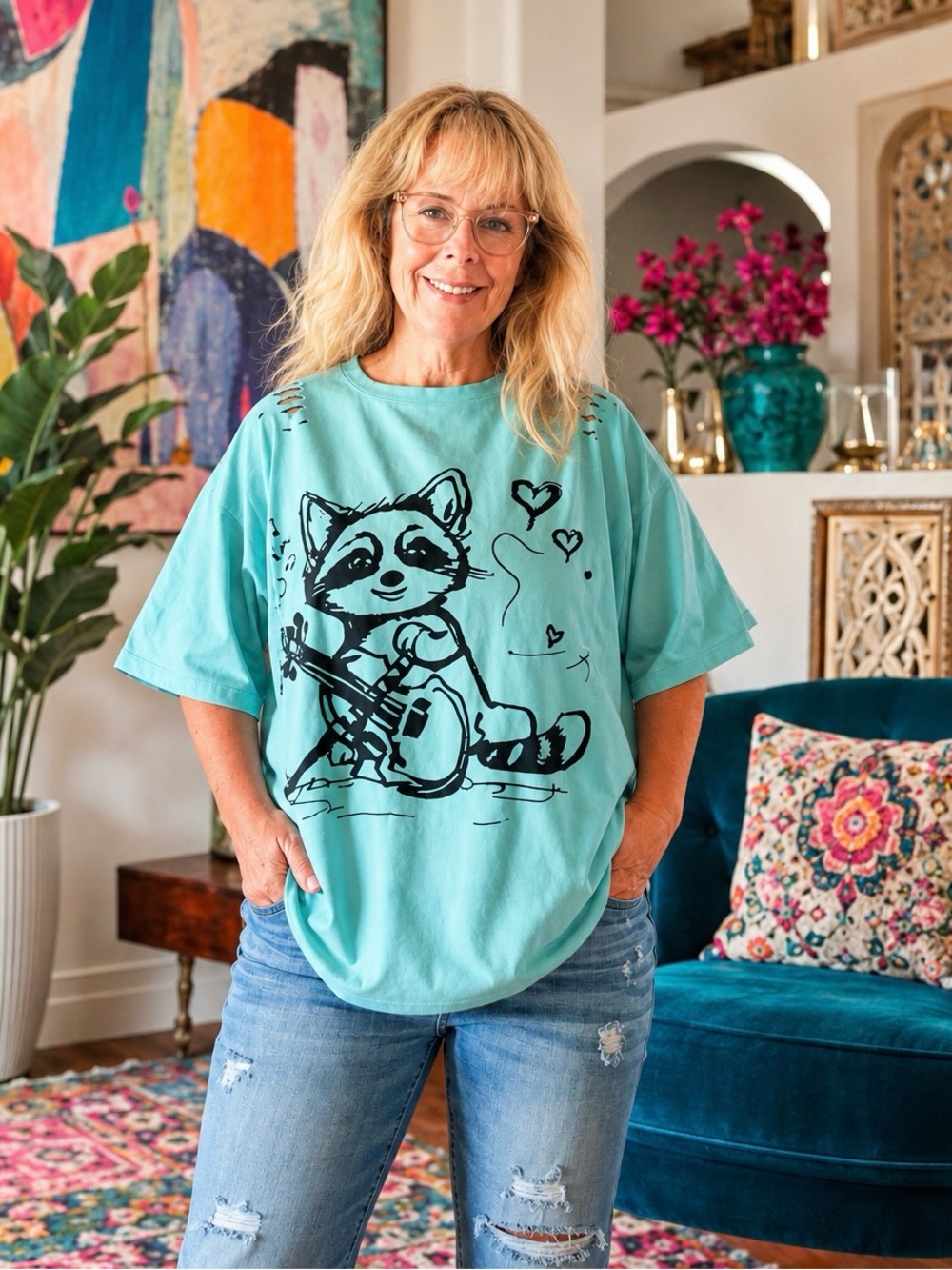 🌟 Blue Velvet Oversized Raccoon Distressed Tee 🌟 NWT